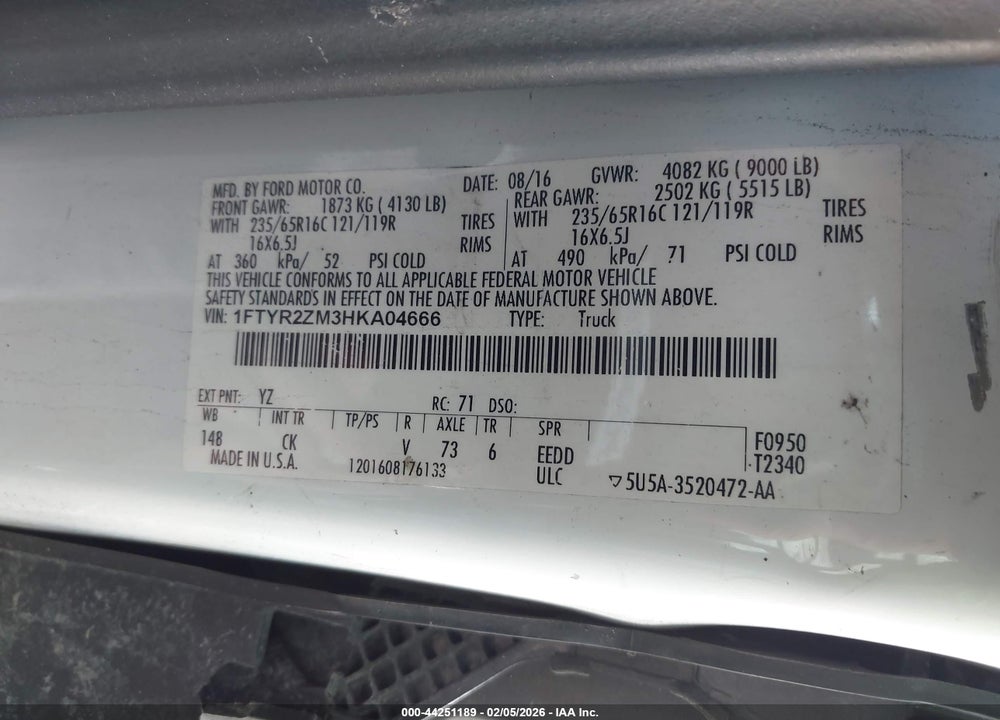 2017 FORD TRANSIT-250 VIN: 1FTYR2ZM3HKA04666