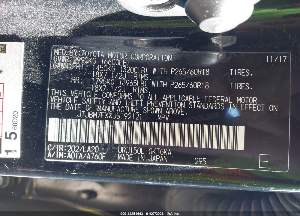 2018 LEXUS GX 460 VIN: JTJBM7FXXJ5192121