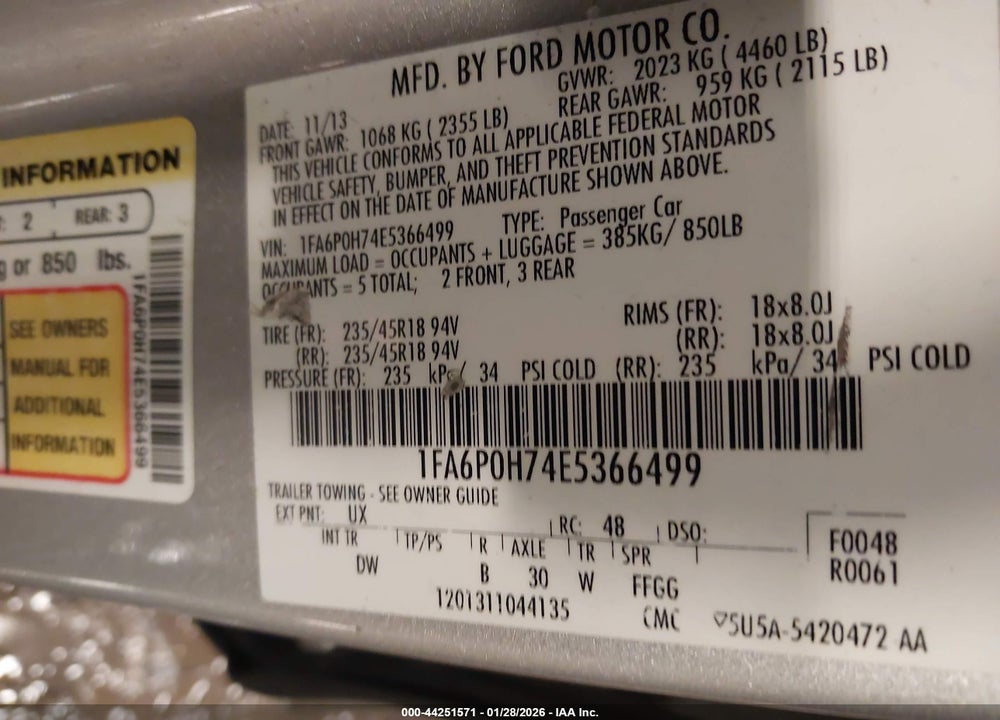 2014 FORD FUSION SE VIN: 1FA6P0H74E5366499