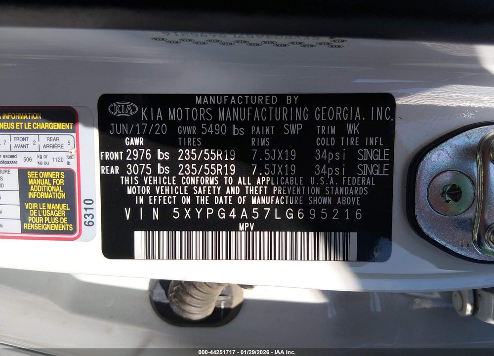 2020 KIA SORENTO S V6 VIN: 5XYPG4A57LG695216