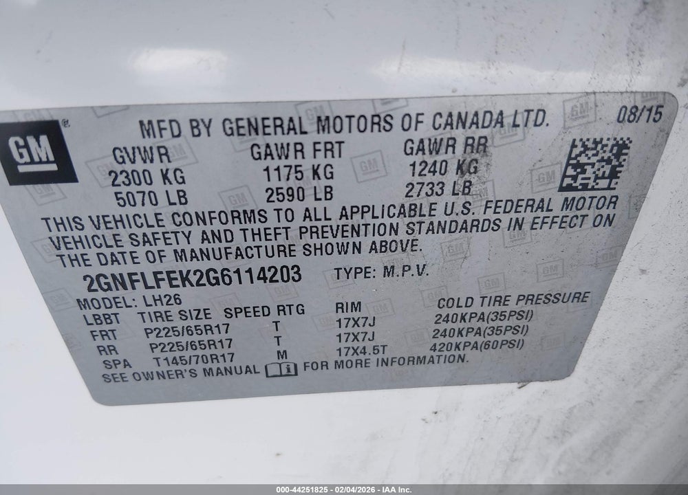 2016 CHEVROLET EQUINOX LT VIN: 2GNFLFEK2G6114203