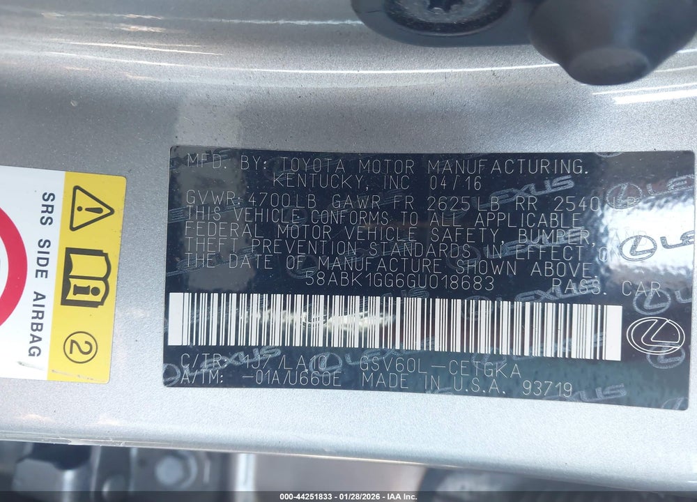 2016 LEXUS ES 350 VIN: 58ABK1GG6GU018683