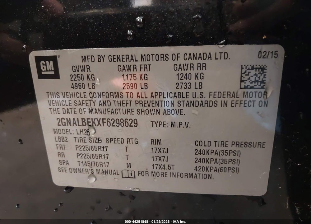 2015 CHEVROLET EQUINOX 1LT VIN: 2GNALBEKXF6298629