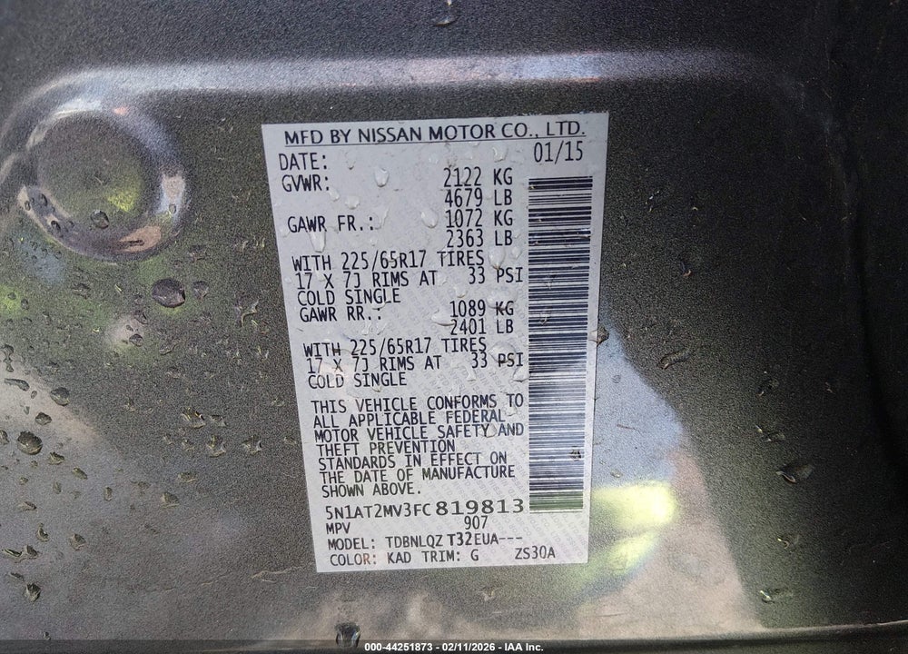 2015 NISSAN ROGUE SV VIN: 5N1AT2MV3FC819813