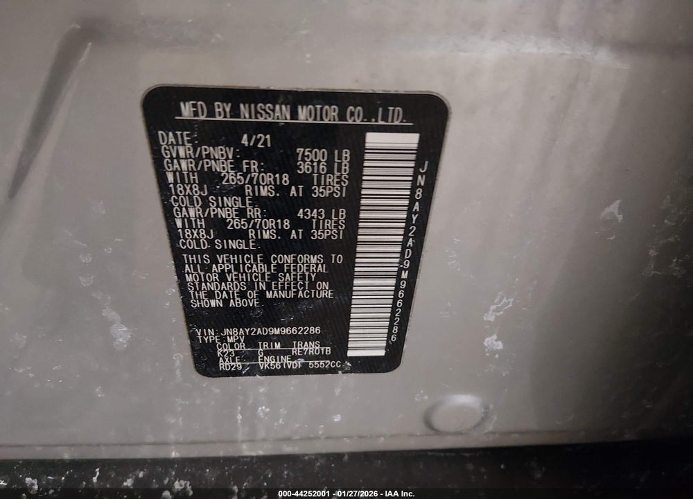 2021 NISSAN ARMADA SV 4WD VIN: JN8AY2AD9M9662286