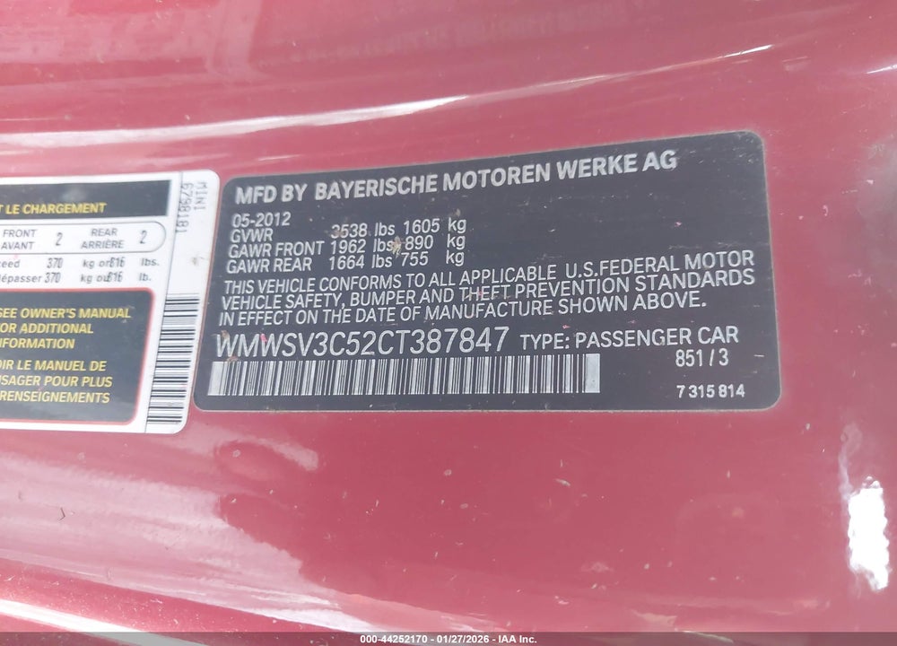 2012 MINI COOPER S VIN: WMWSV3C52CT387847