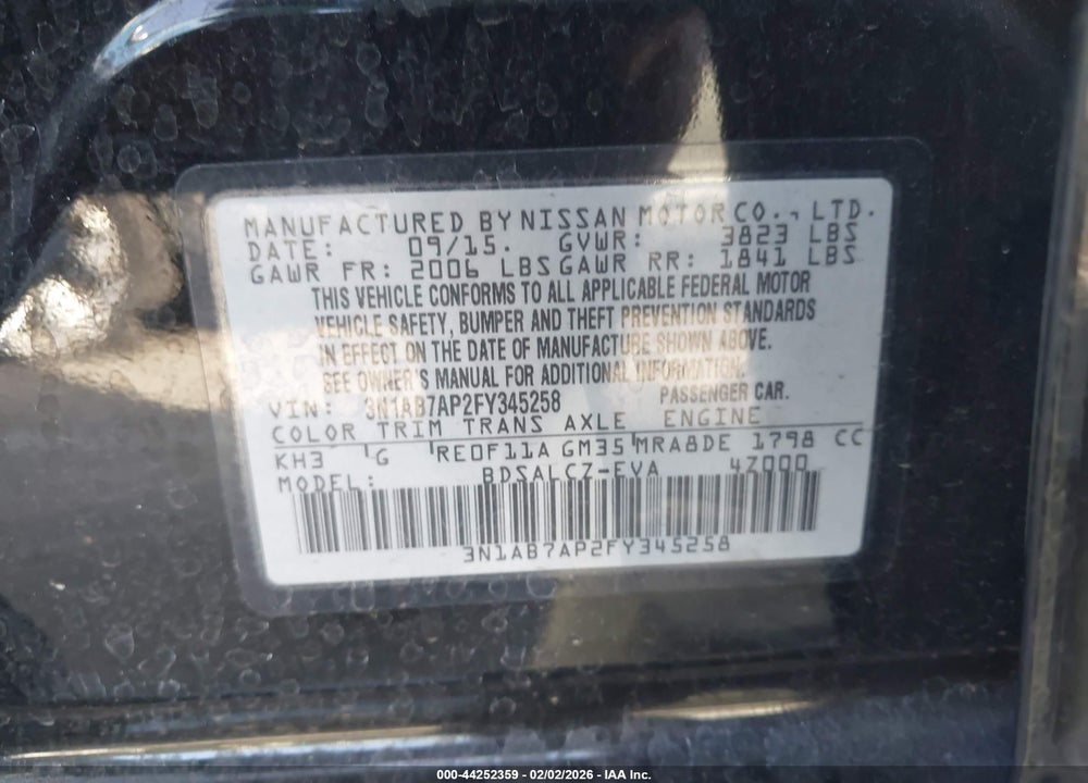 2015 NISSAN SENTRA S VIN: 3N1AB7AP2FY345258