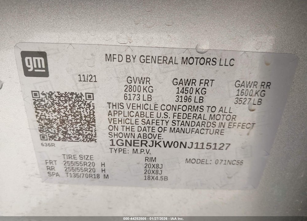 2022 CHEVROLET TRAVERSE RS VIN: 1GNERJKW0NJ115127