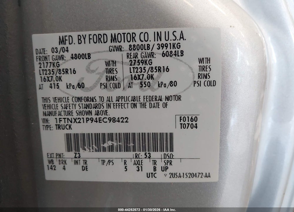 2004 FORD F-250 LARIAT/XL/XLT VIN: 1FTNX21P94EC98422