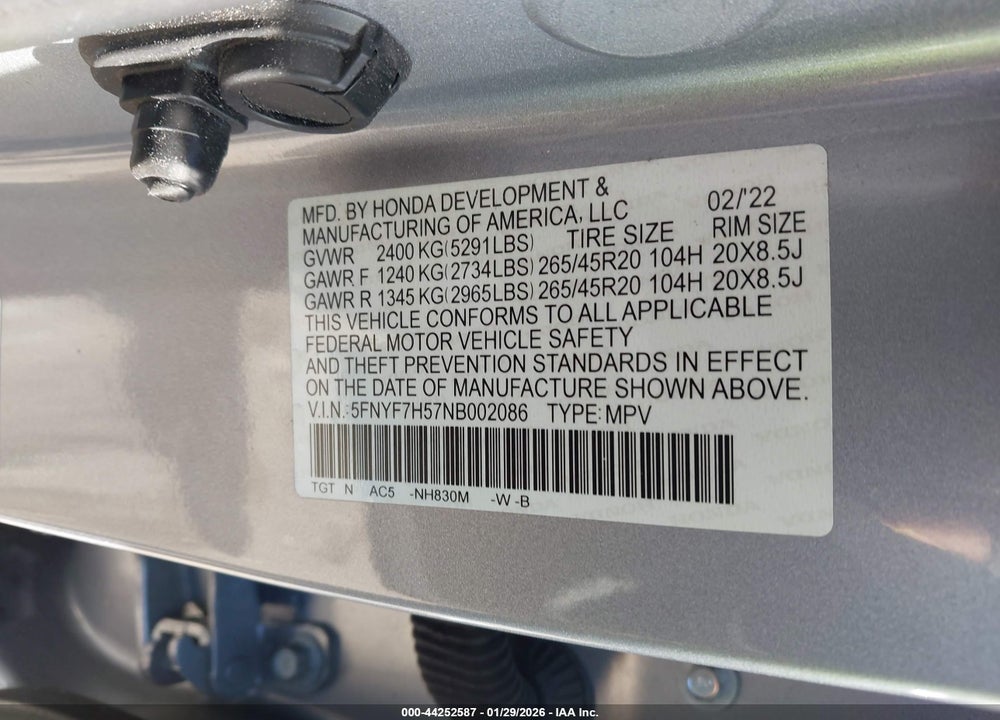 2022 HONDA PASSPORT 2WD EX-L VIN: 5FNYF7H57NB002086