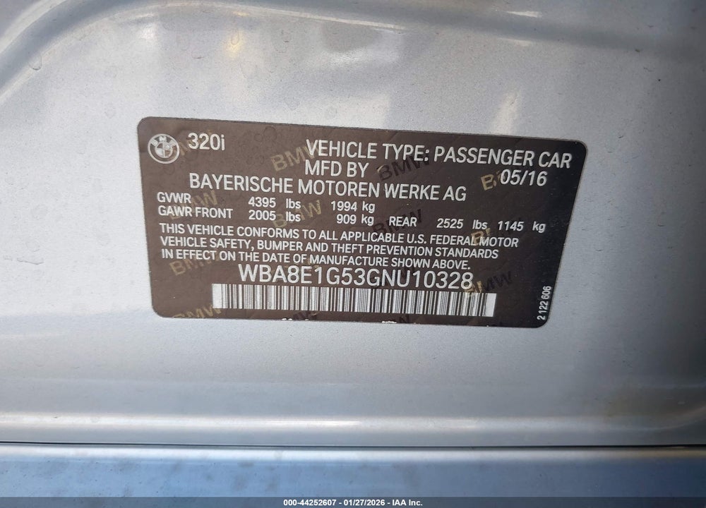 2016 BMW 320I VIN: WBA8E1G53GNU10328