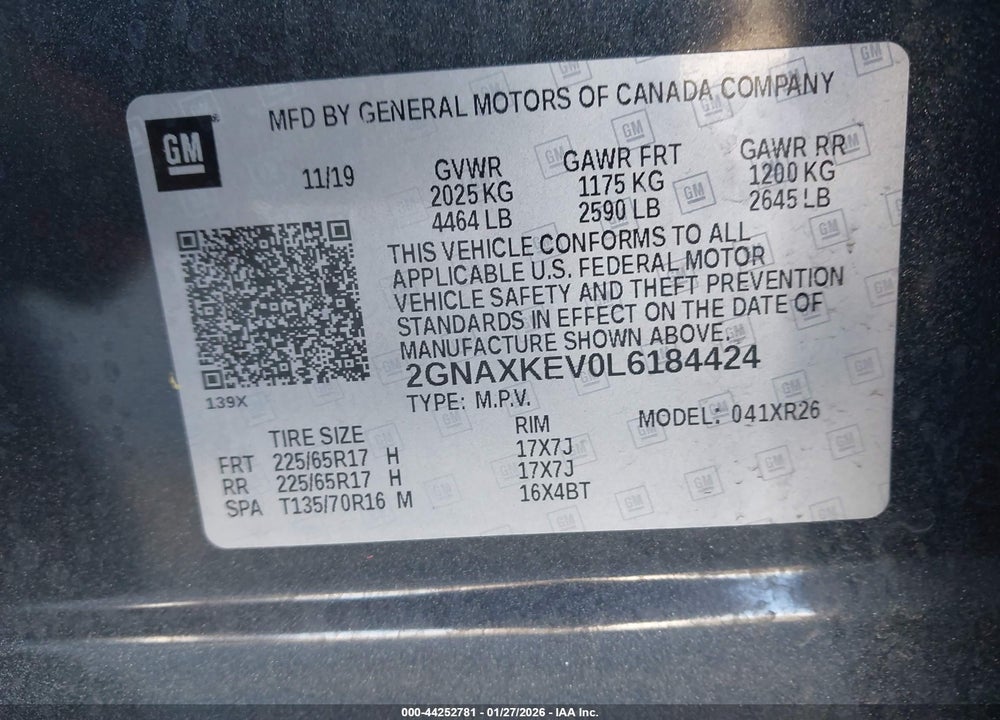 2020 CHEVROLET EQUINOX FWD LT 1.5L TURBO VIN: 2GNAXKEV0L6184424
