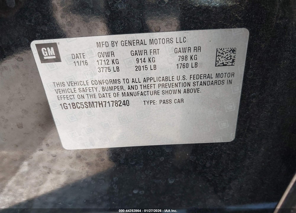 2017 CHEVROLET CRUZE LS AUTO VIN: 1G1BC5SM7H7178240