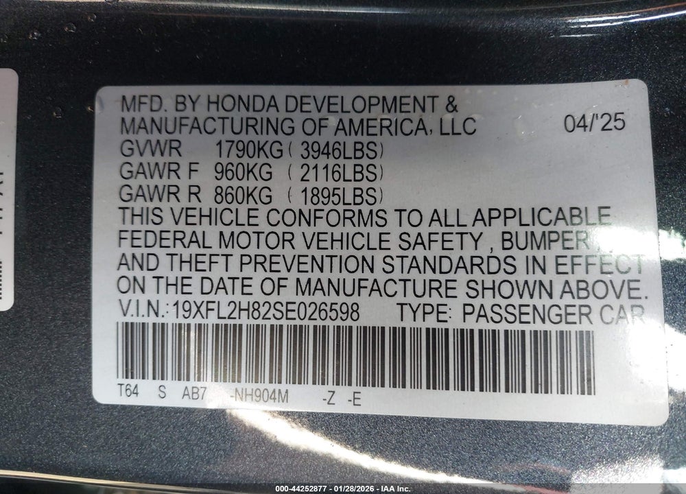 2025 HONDA CIVIC SEDAN SPORT VIN: 19XFL2H82SE026598