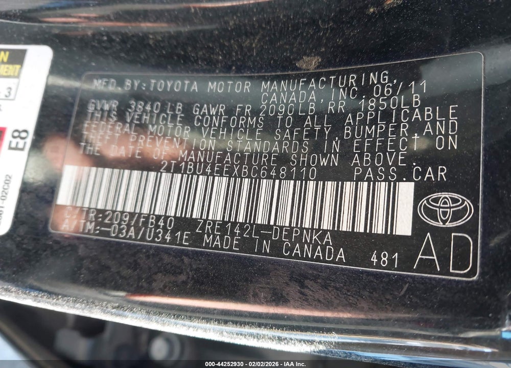 2011 TOYOTA COROLLA LE VIN: 2T1BU4EEXBC648110