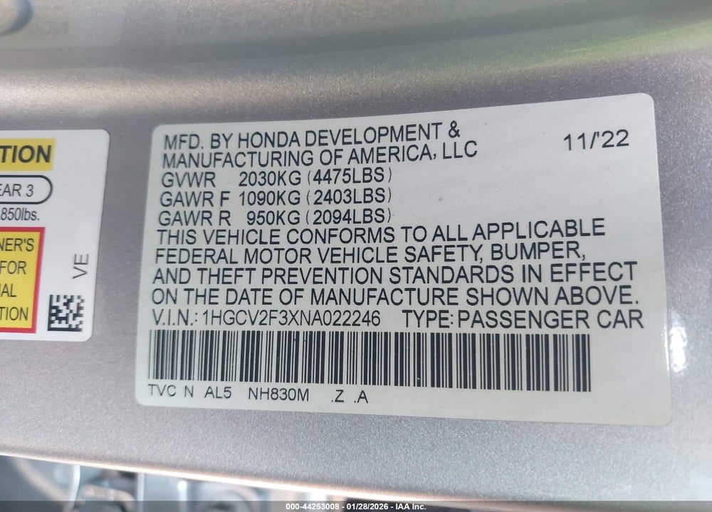 2022 HONDA ACCORD SPO VIN: 1HGCV2F3XNA022246