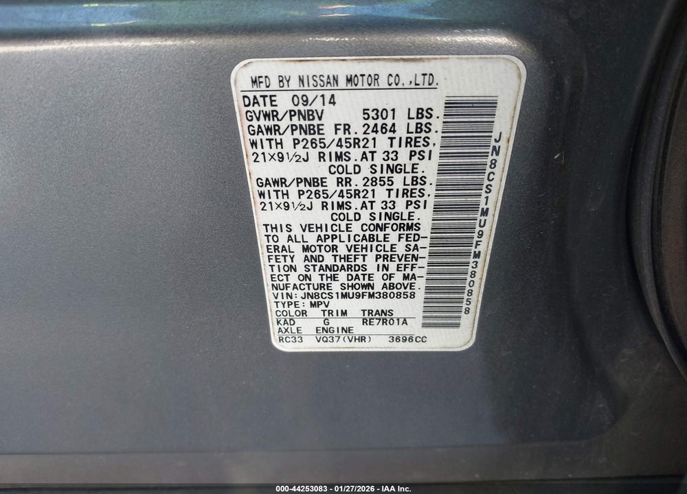 2015 INFINITI QX70 VIN: JN8CS1MU9FM380858