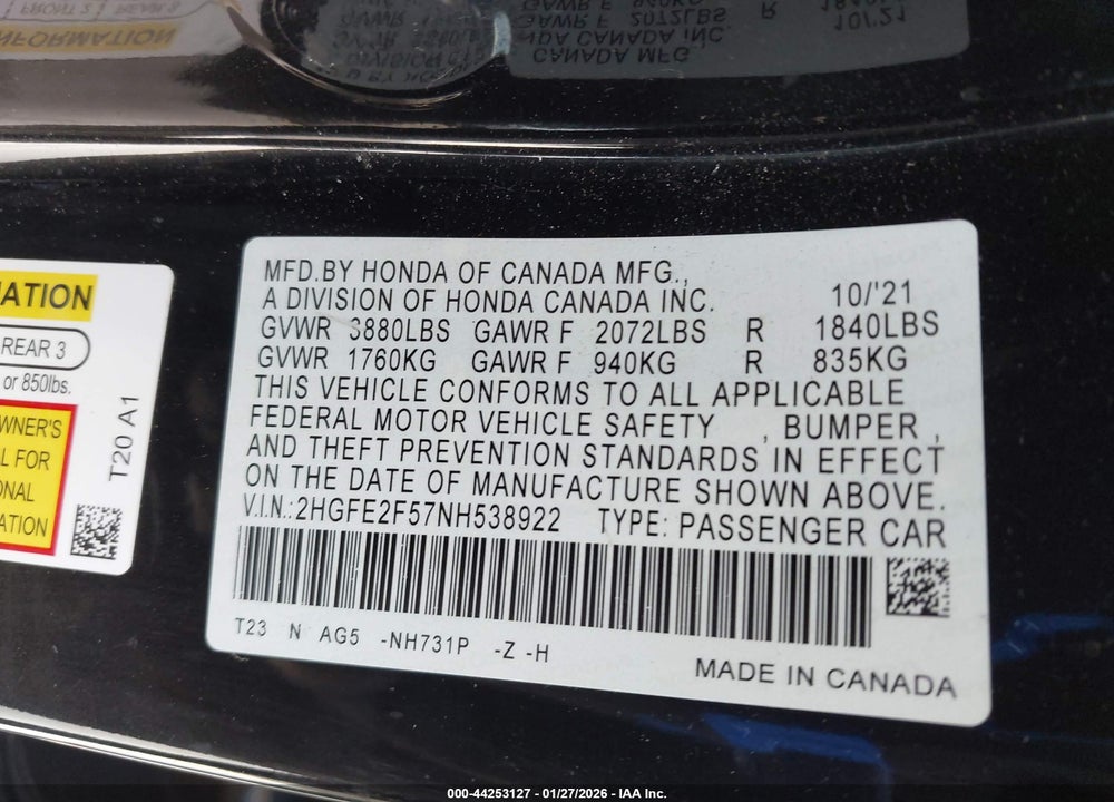 2022 HONDA CIVIC SPORT VIN: 2HGFE2F57NH538922
