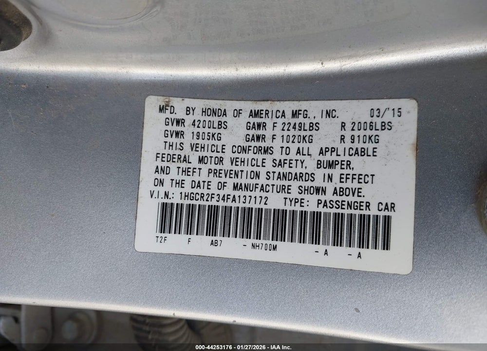 2015 HONDA ACCORD LX VIN: 1HGCR2F34FA137172
