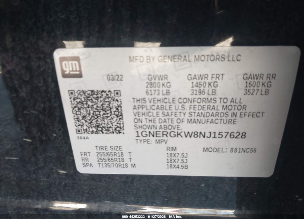 2022 CHEVROLET TRAVERSE FWD LT CLOTH VIN: 1GNERGKW8NJ157628