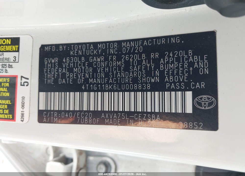 2020 TOYOTA CAMRY SE NIGHTSHADE EDITION AWD VIN: 4T1G11BK6LU008838