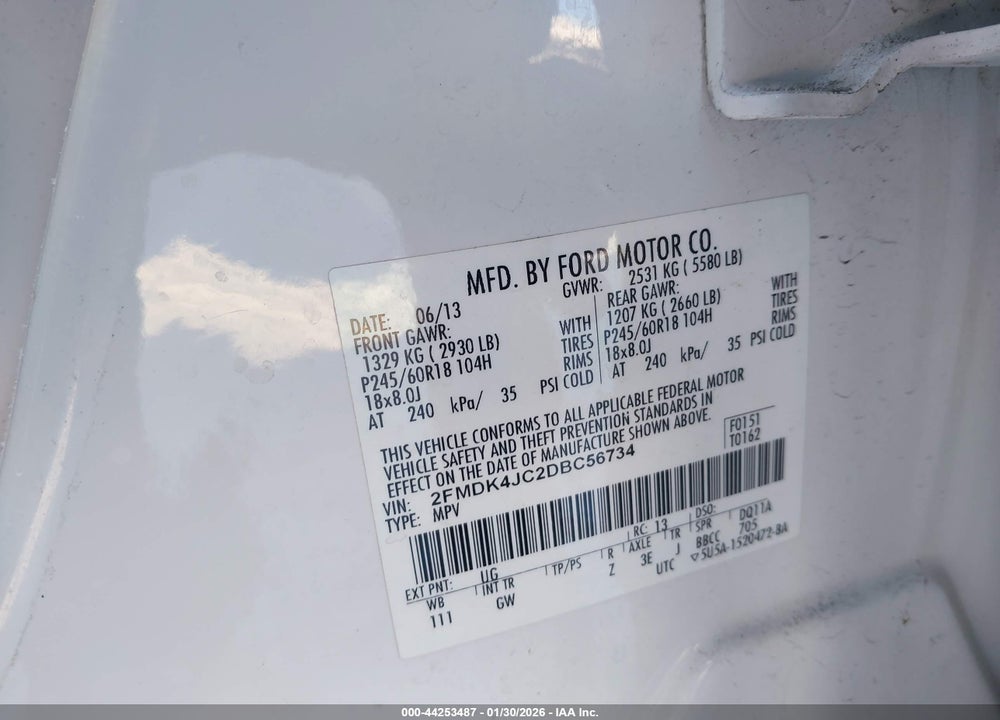 2013 FORD EDGE SEL VIN: 2FMDK4JC2DBC56734