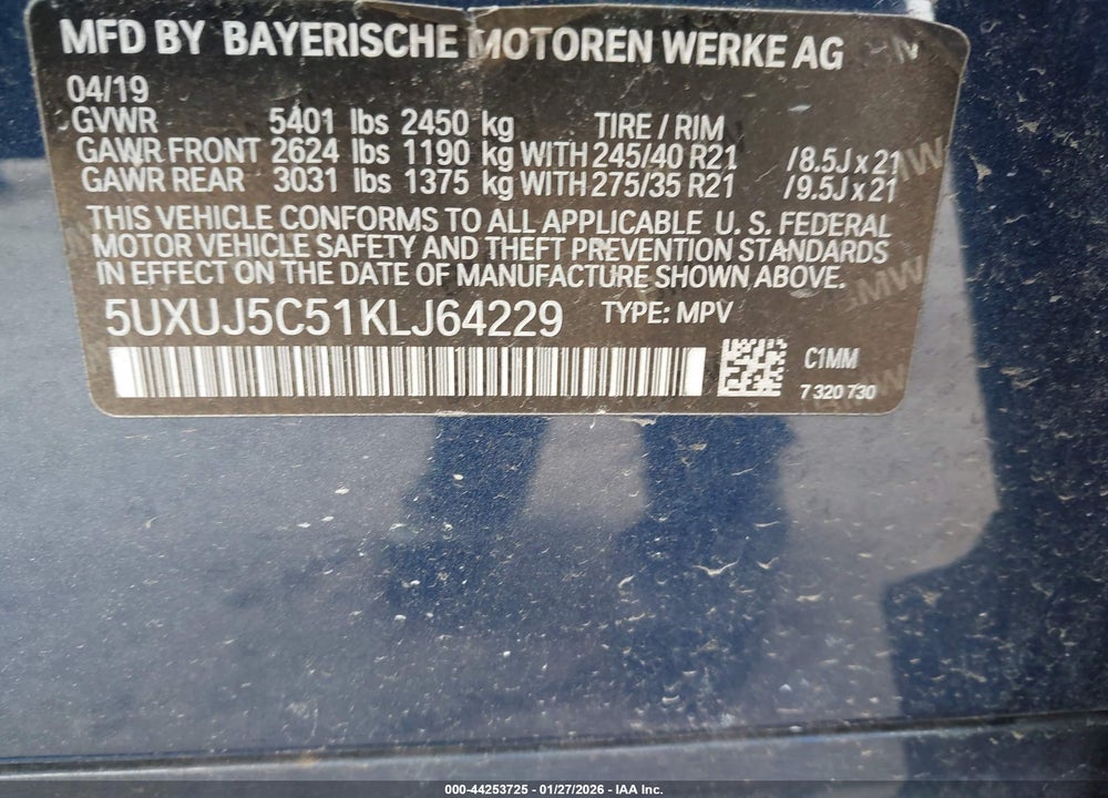 2019 BMW X4 M40I VIN: 5UXUJ5C51KLJ64229