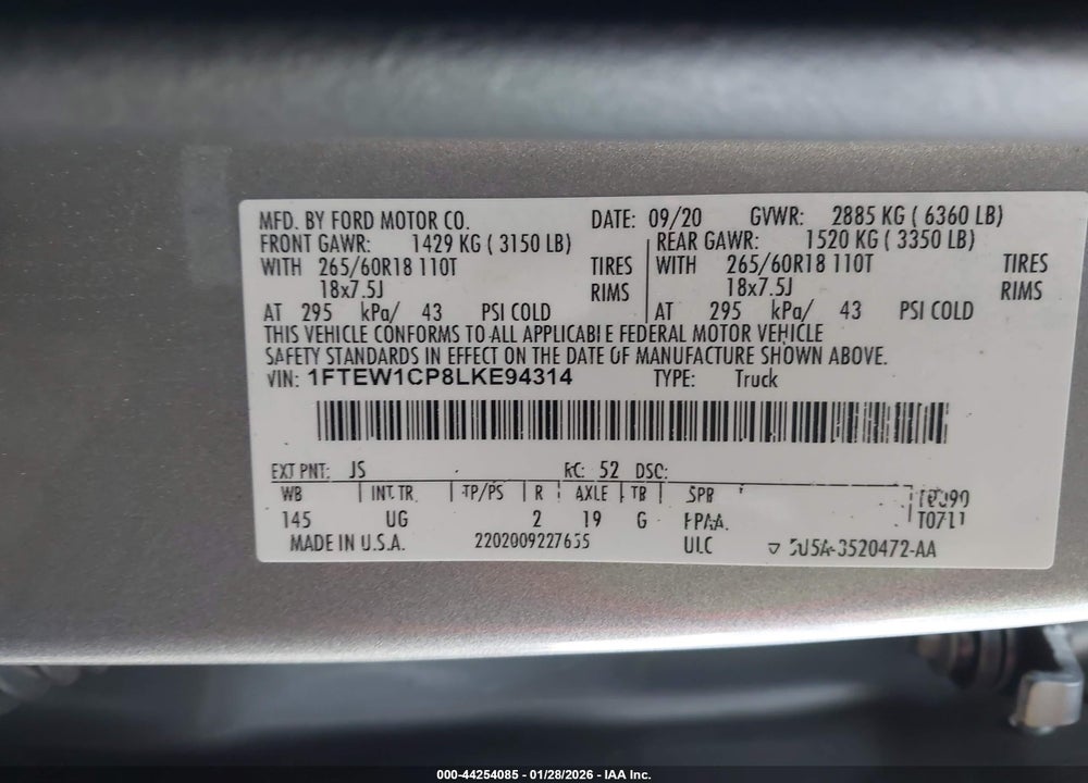 2020 FORD F-150 XLT VIN: 1FTEW1CP8LKE94314