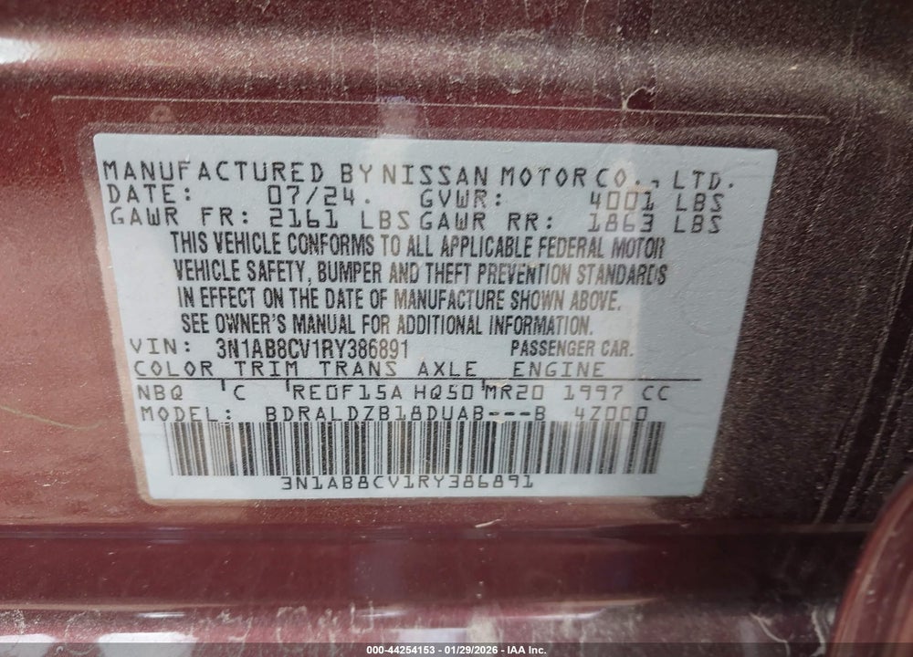 2024 NISSAN SENTRA SV XTRONIC CVT VIN: 3N1AB8CV1RY386891