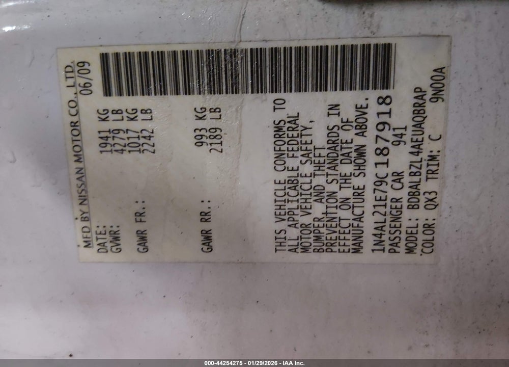 2009 NISSAN ALTIMA 2.5 VIN: 1N4AL21E79C187918