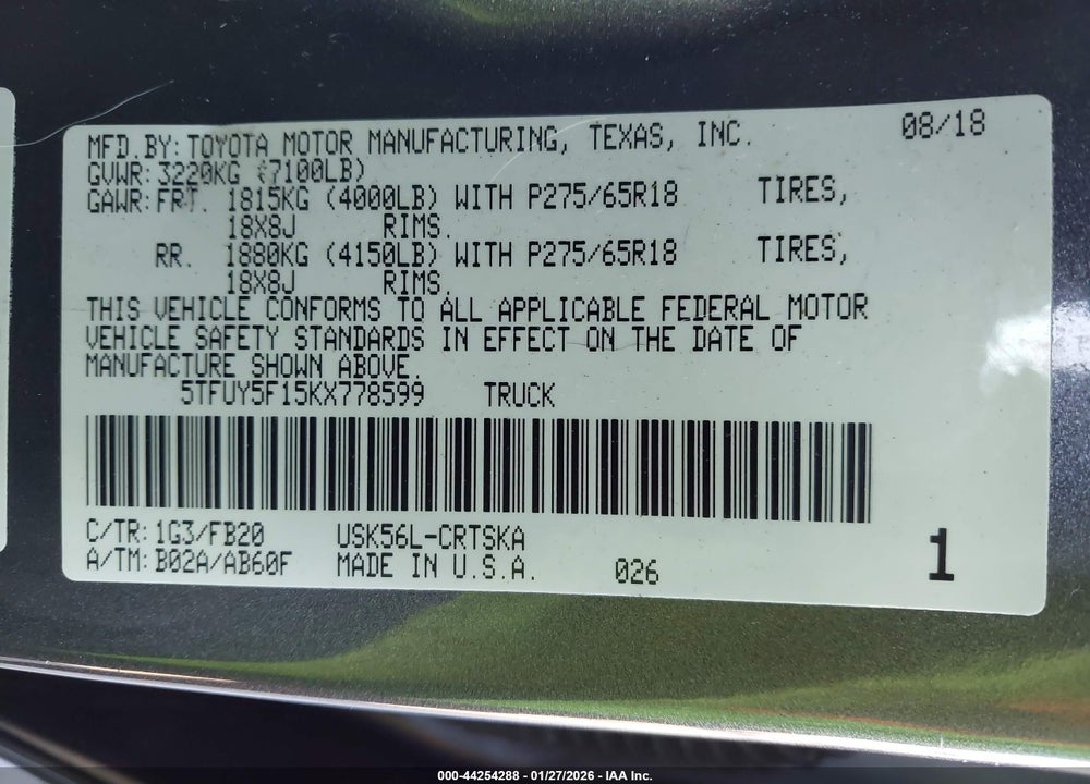 2019 TOYOTA TUNDRA SR5 5.7L V8 VIN: 5TFUY5F15KX778599