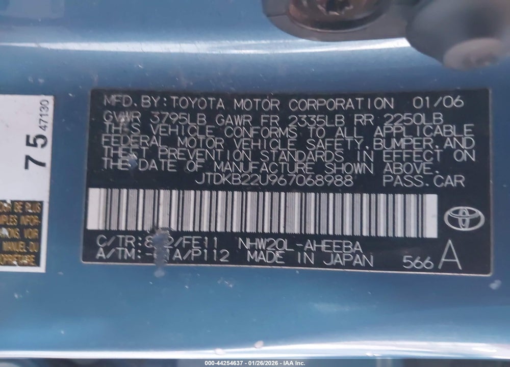 2006 TOYOTA PRIUS VIN: JTDKB22U967068988