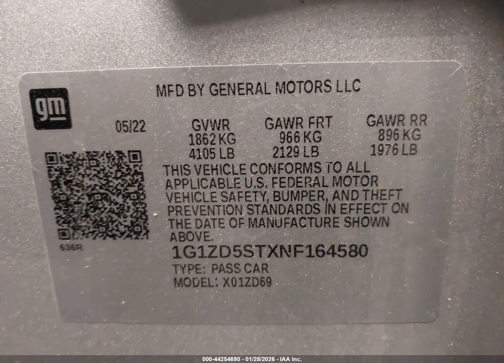 2022 CHEVROLET MALIBU FWD LT VIN: 1G1ZD5STXNF164580