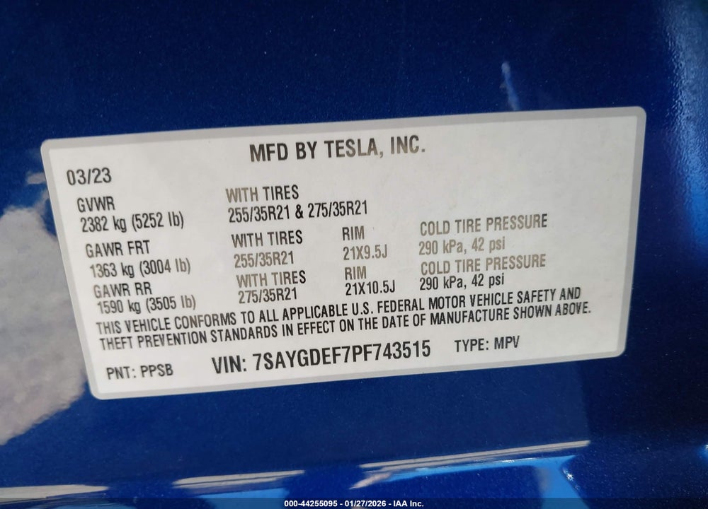 2023 TESLA MODEL Y PERFORMANCE DUAL MOTOR ALL-WHEEL DRIVE VIN: 7SAYGDEF7PF743515