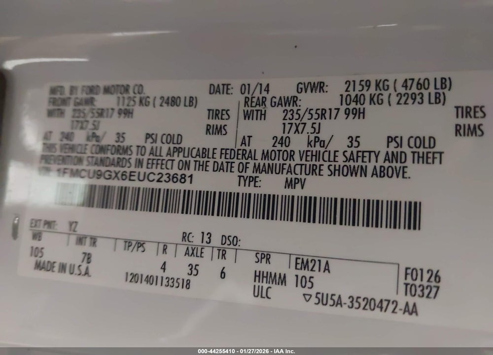 2014 FORD ESCAPE SE VIN: 1FMCU9GX6EUC23681