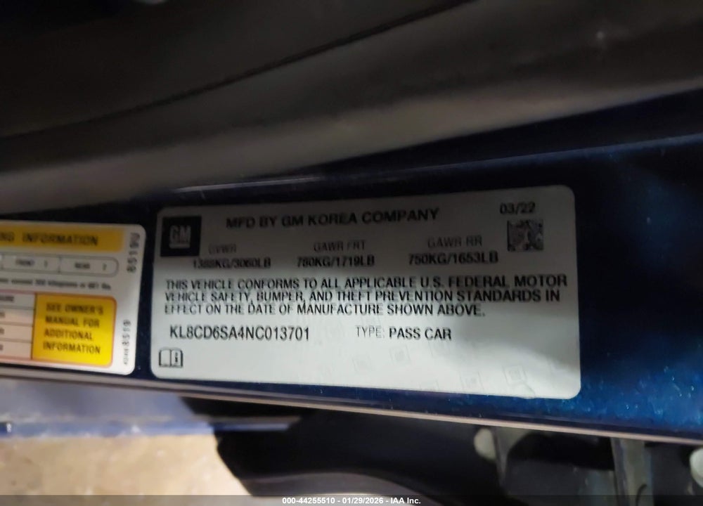 2022 CHEVROLET SPARK FWD 1LT AUTOMATIC VIN: KL8CD6SA4NC013701