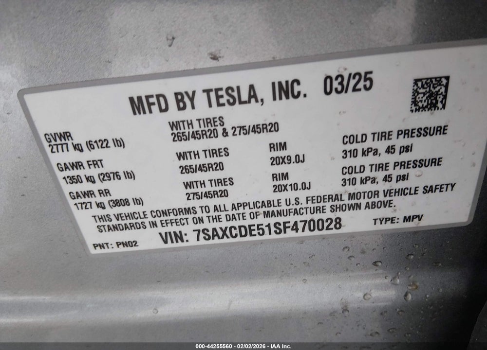 2025 TESLA MODEL X LONG RANGE VIN: 7SAXCDE51SF470028