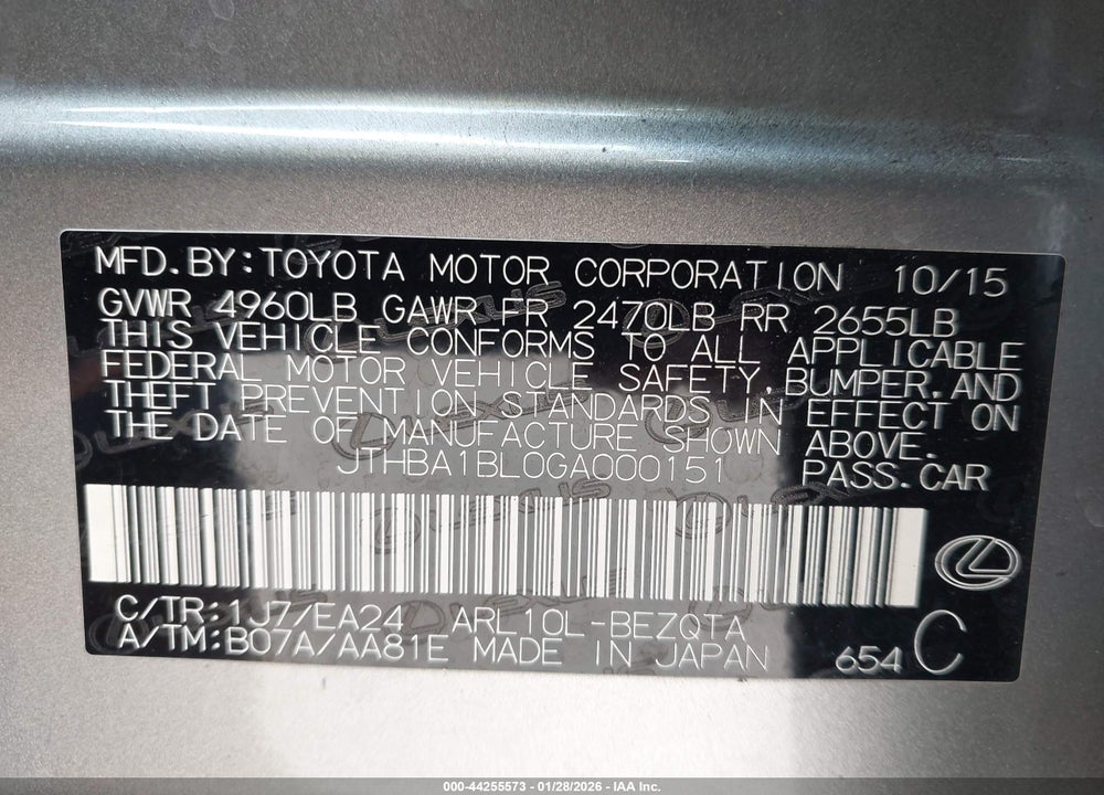 2016 LEXUS GS 200T F SPORT VIN: JTHBA1BL0GA000151