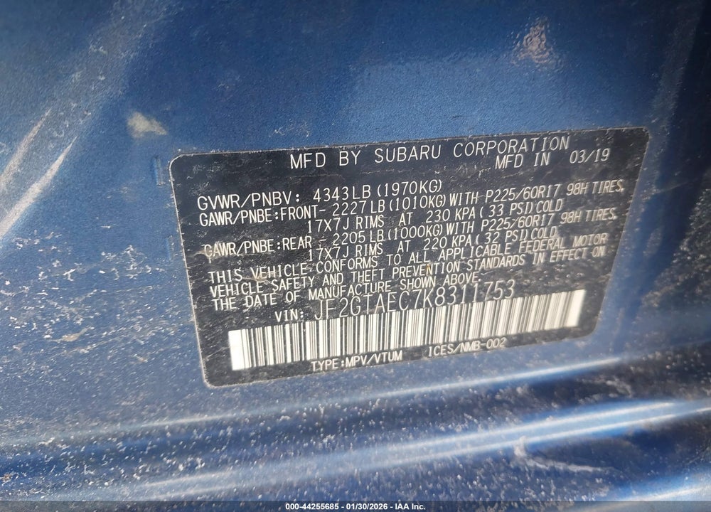2019 SUBARU CROSSTREK 2.0I PREMIUM VIN: JF2GTAEC7K8311753