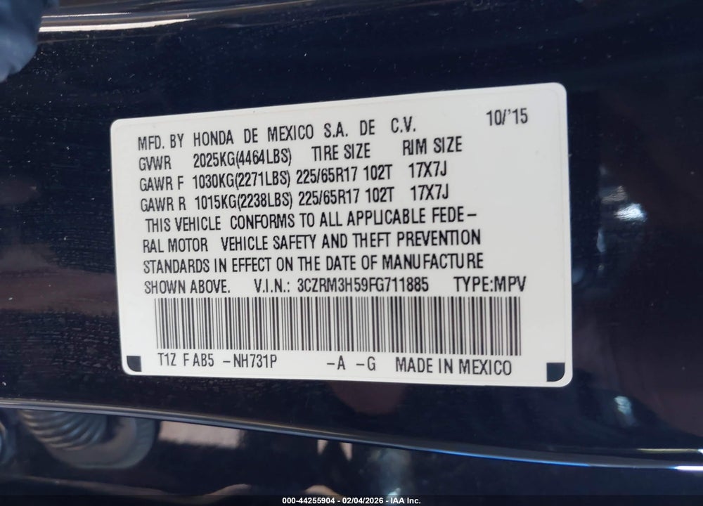 2015 HONDA CR-V EX VIN: 3CZRM3H59FG711885