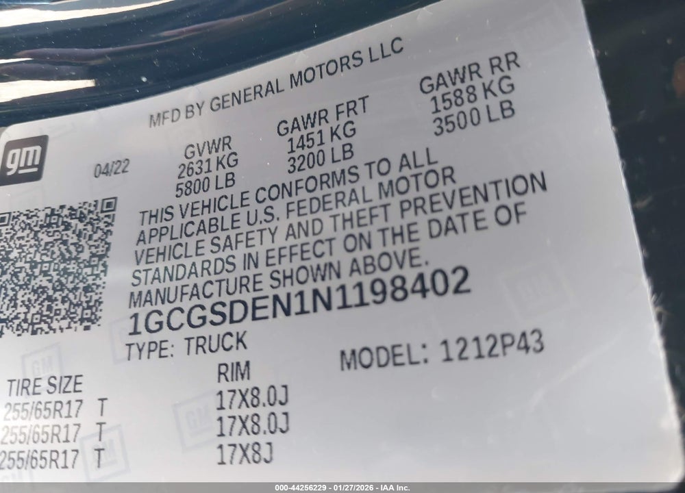 2022 CHEVROLET COLORADO 2WD  SHORT BOX Z71 VIN: 1GCGSDEN1N1198402