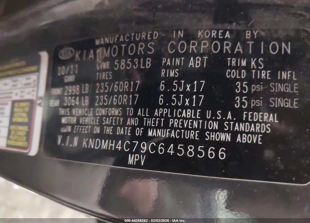 2012 KIA SEDONA EX VIN: KNDMH4C79C6458566