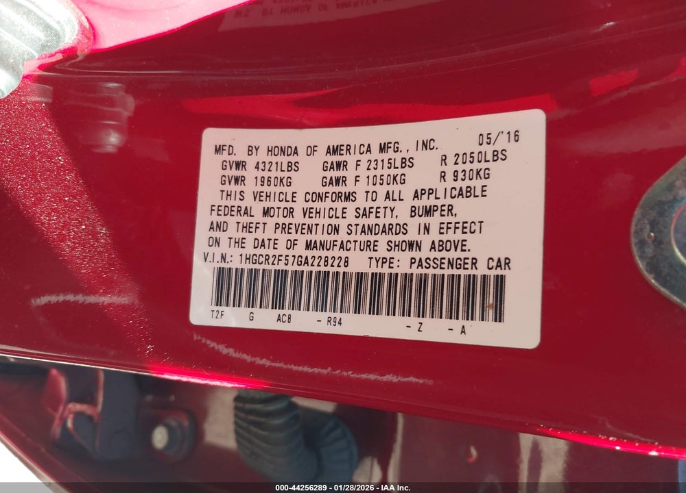 2016 HONDA ACCORD SPORT VIN: 1HGCR2F57GA228228
