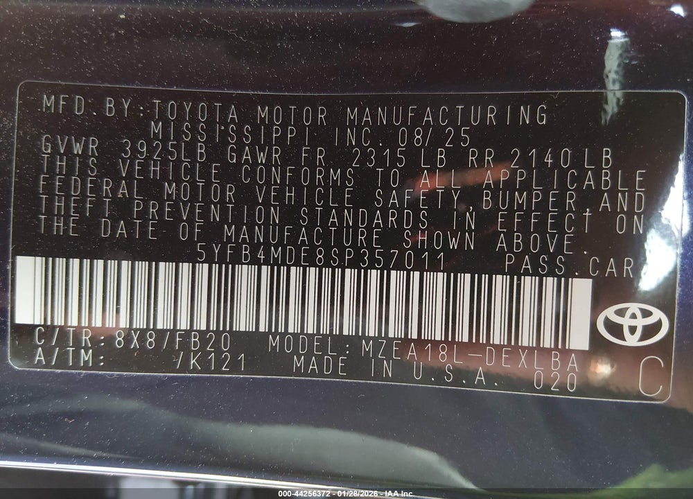 2025 TOYOTA COROLLA LE VIN: 5YFB4MDE8SP357011