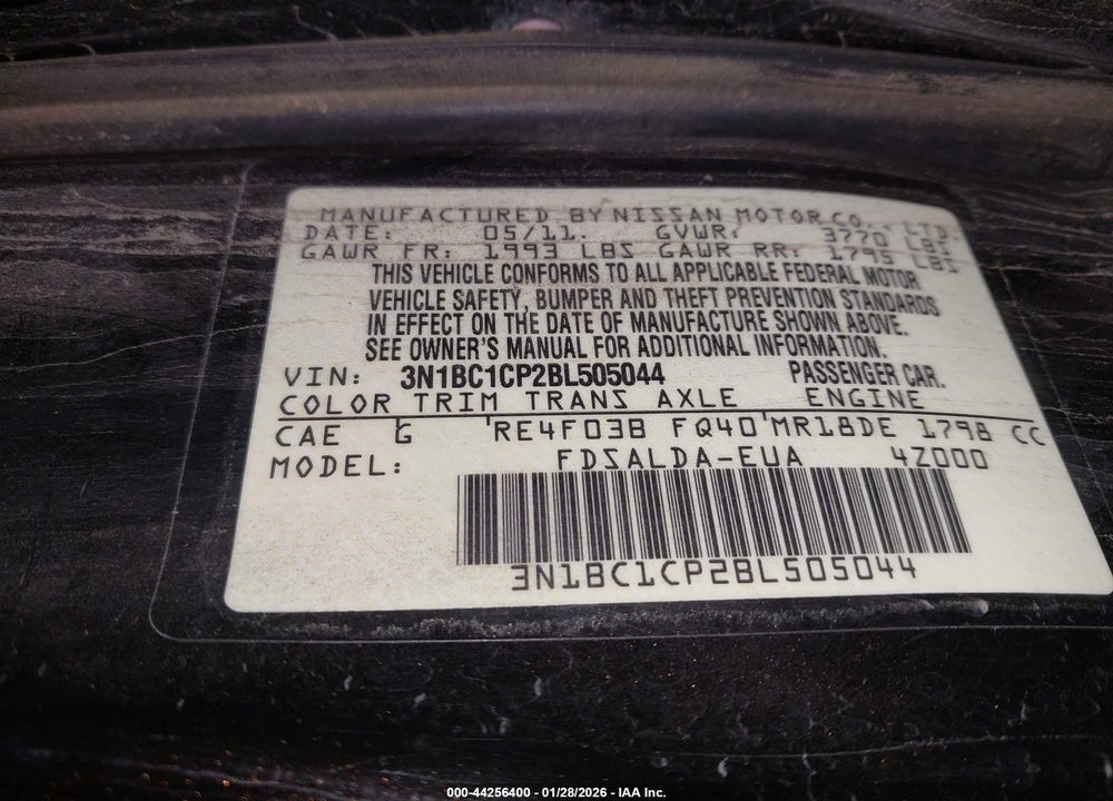 2011 NISSAN VERSA 1.8S VIN: 3N1BC1CP2BL505044