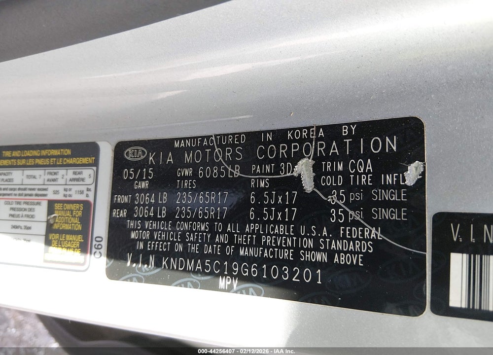 2016 KIA SEDONA L VIN: KNDMA5C19G6103201