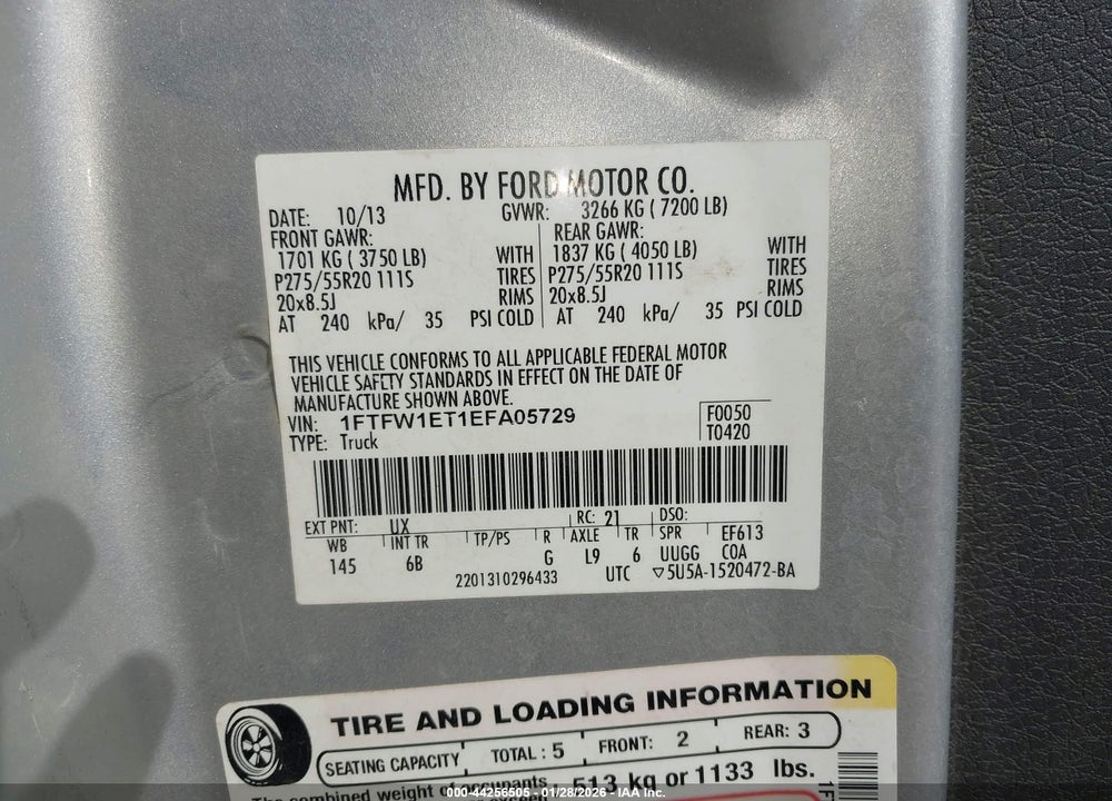 2014 FORD F-150 FX4 VIN: 1FTFW1ET1EFA05729
