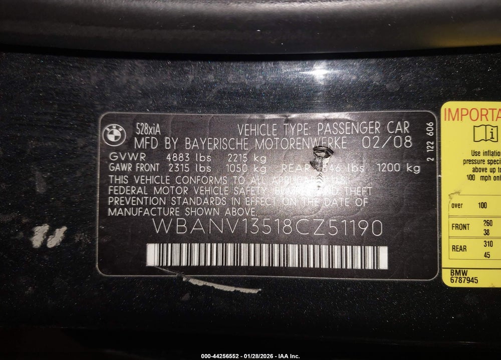2008 BMW 528XI VIN: WBANV13518CZ51190
