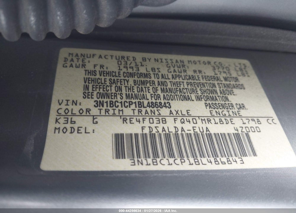 2011 NISSAN VERSA 1.8S VIN: 3N1BC1CP1BL486843