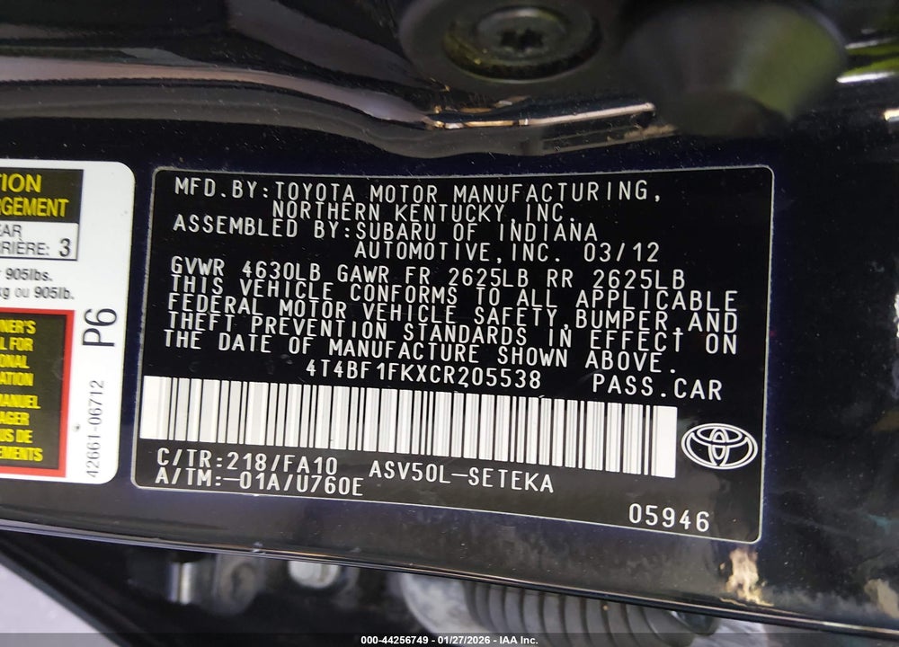 2012 TOYOTA CAMRY L VIN: 4T4BF1FKXCR205538